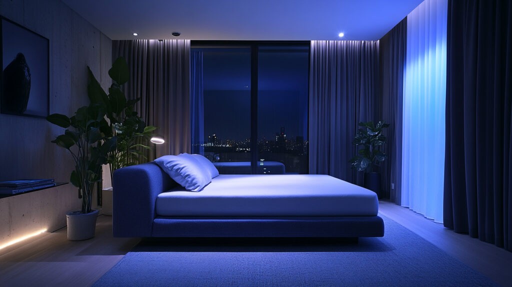 A modern bedroom designed for optimal sleep health, featuring a minimalist bed and calming blue lighting, emphasizing the importance of creating a sleep-friendly space to enhance recovery and performance for high-performance athletes.