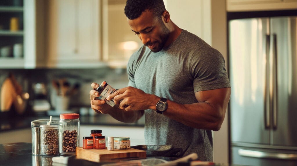 An athlete in a kitchen carefully examines supplements as part of a pre-sleep routine, highlighting the importance of nutrition and supplementation in optimizing sleep quality and recovery for high-performance athletes.