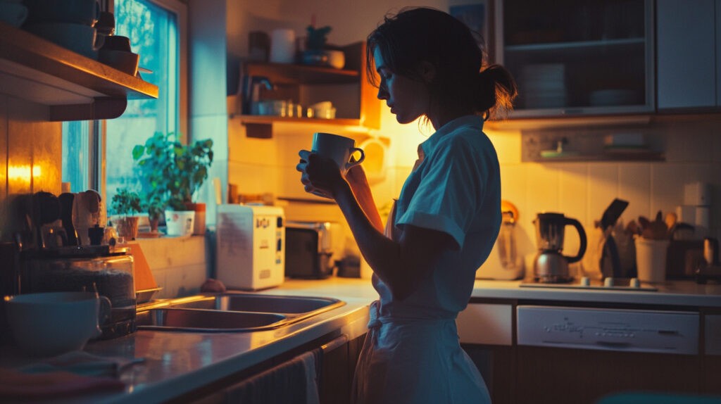 A woman in a cozy kitchen, holding a cup while gazing out the window