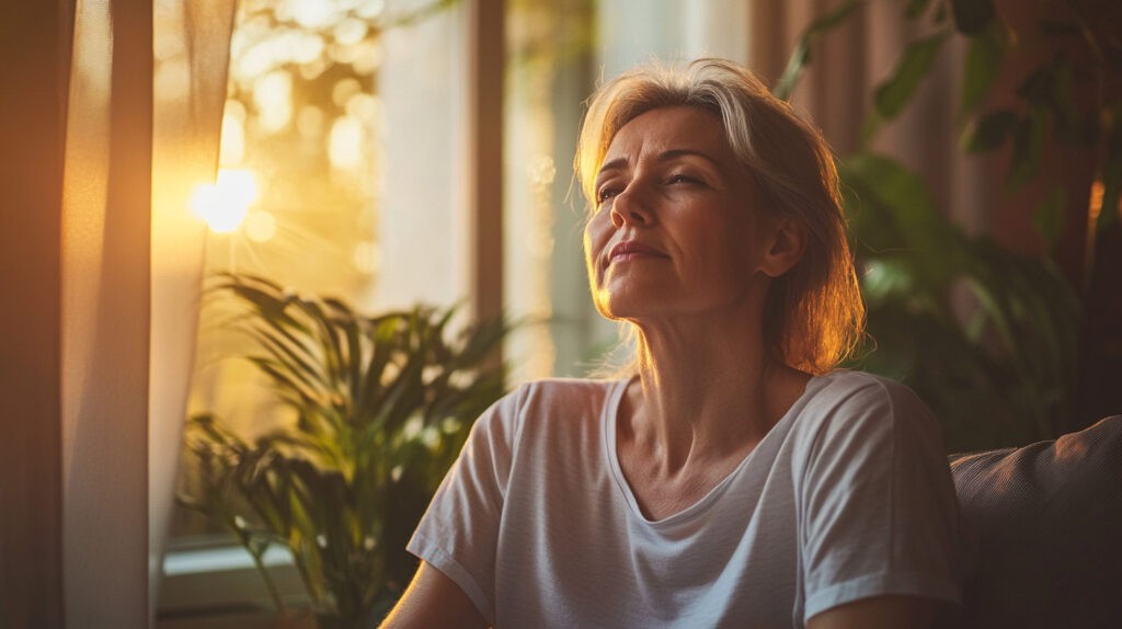 A middle-aged woman relaxes in a sunlit room, eyes closed and face uplifted towards the light, embodying tranquility and well-being, highlighting the importance of managing stress and embracing relaxation techniques to improve sleep health during menopause.