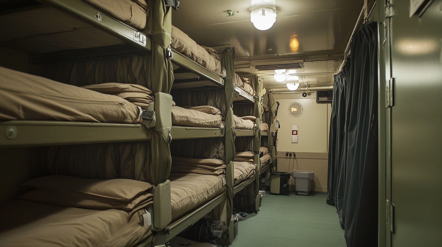 Interior view of a well-organized military sleeping quarters with stacked bunk beds in a compact space