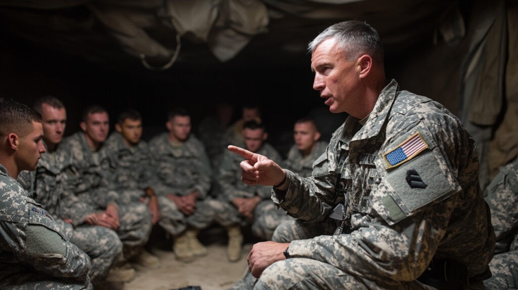 Military officer in camouflage uniform addressing a group of soldiers during a briefing inside a tent