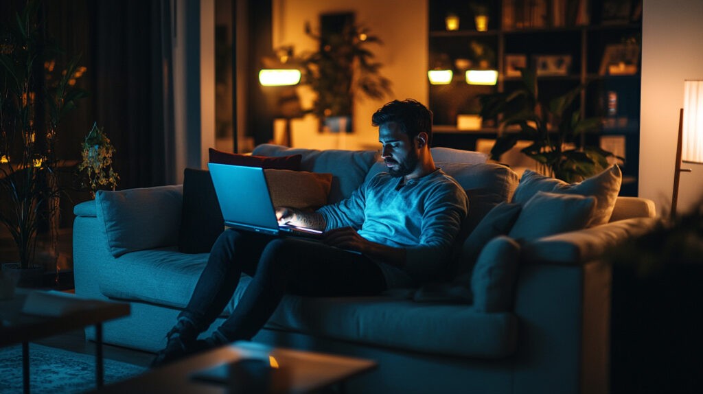 An entrepreneur sits on a cozy sofa in a stylish living room, focused on their laptop late at night, highlighting the importance of managing technology use and sleep hygiene for working professionals aiming for peak performance.