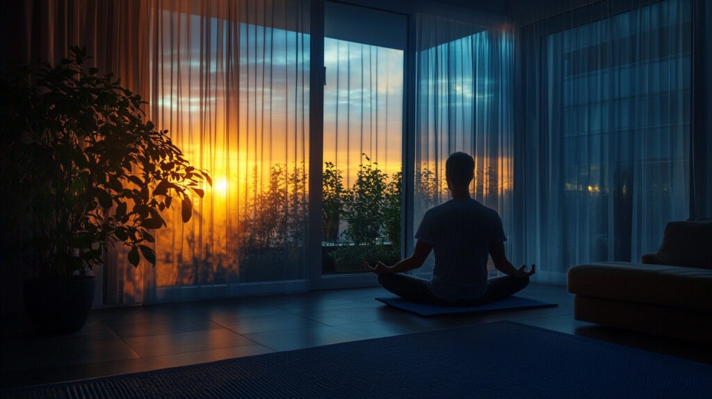 A man practicing yoga in a serene indoor setting, sitting cross-legged on a yoga mat while meditating