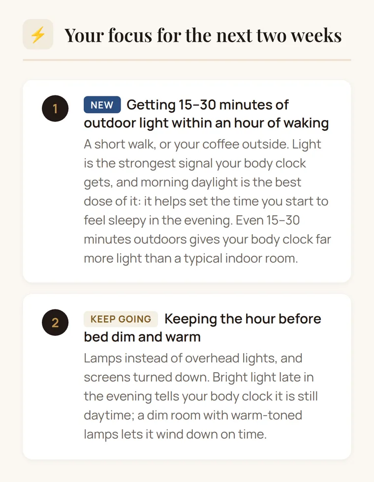 Part of a sample Elite Sleep® report in MyNEOS on a phone: Your focus for the next two weeks, morning outdoor light and a dim hour before bed with warm-toned lamps