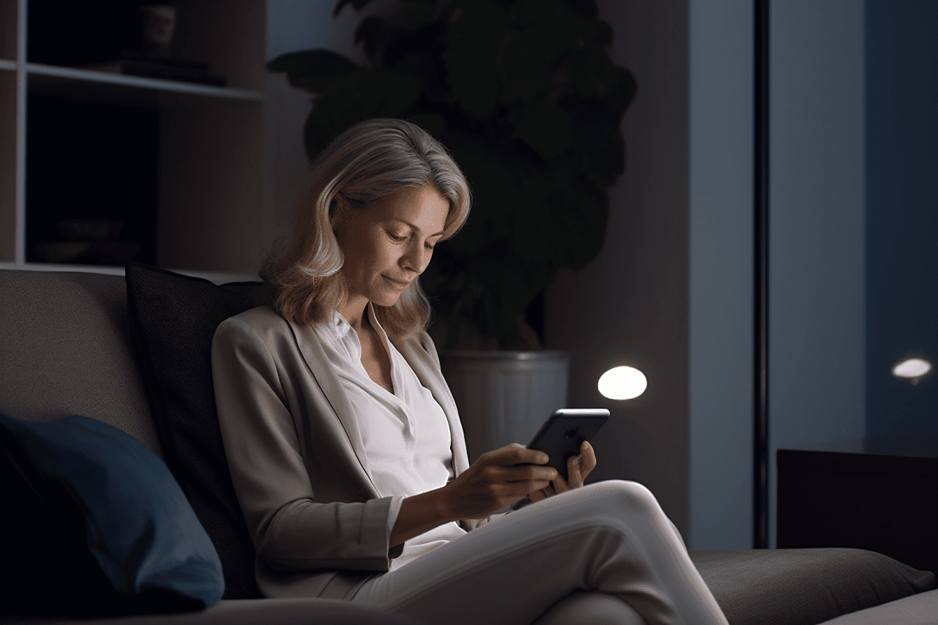 Woman reading on tablet at night